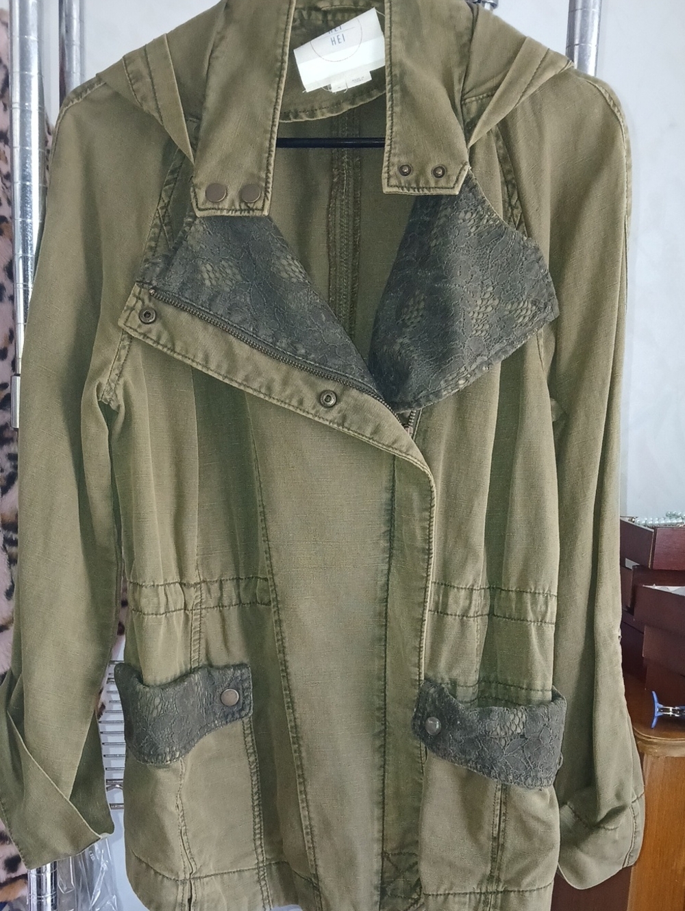 Olive Hooded Utility Jacket with Textured  Lace Trim